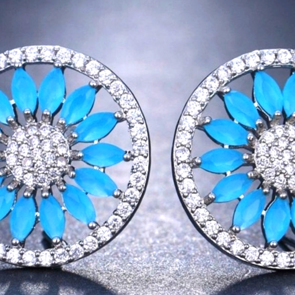 🦋 Turquoise Silver Pave Pinwheel Button Earrings
